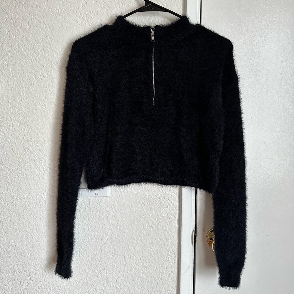 Princess Polly Black Loki Jumper Crop Sweater Zip Up in Small Medium S/M